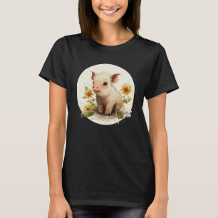 Cute Baby Pig Piglet Sunflower Floral Watercolor F T-Shirt