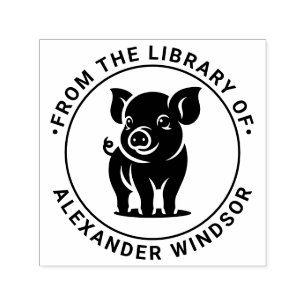 Cute Baby Pig Standing #1 Round Library Book Name Self-inking Stamp