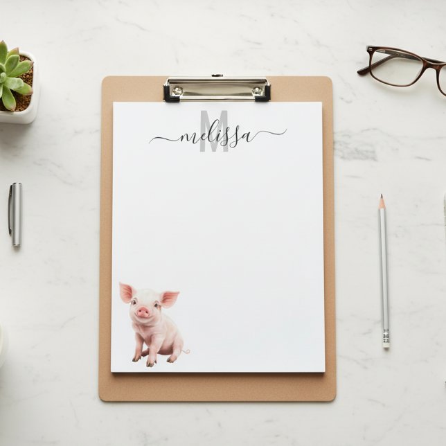 Cute Baby Pig Watercolor Monogram Name Notepad (Creator Uploaded)