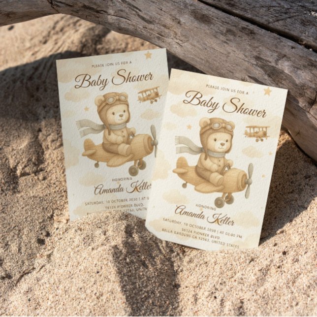 Cute Baby Pilot Bear Baby Shower Invitation (Creator Uploaded)