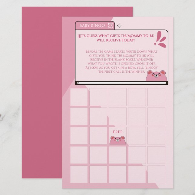 Cute Baby Pink Bear Computer Screen Baby Bingo (Front/Back)