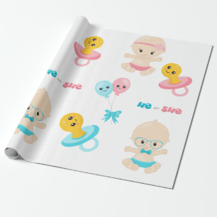 Cute Baby Pink Blue Gender Reveal Party Wrapping Paper