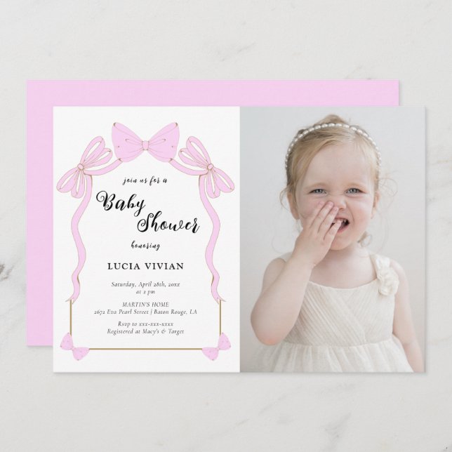 Cute Baby Pink Coquette Bow Photo Baby Shower Invitation (Front/Back)