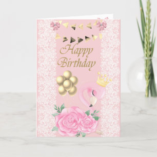 Cute Baby Pink Flamingo,Tiara, Balloons Birthday Card