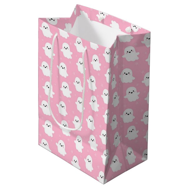 Cute Baby Pink Ghost Pattern – Halloween Design Medium Gift Bag (Front Angled)