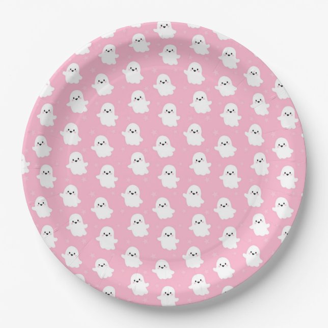 Cute Baby Pink Ghost Pattern – Halloween Design Paper Plate (Front)