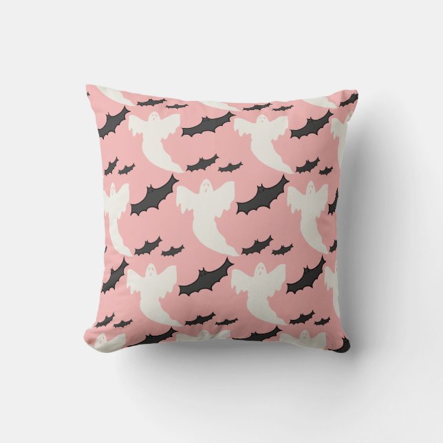 Cute Baby Pink Ghosts Bats Halloween Throw Pillow (Front)