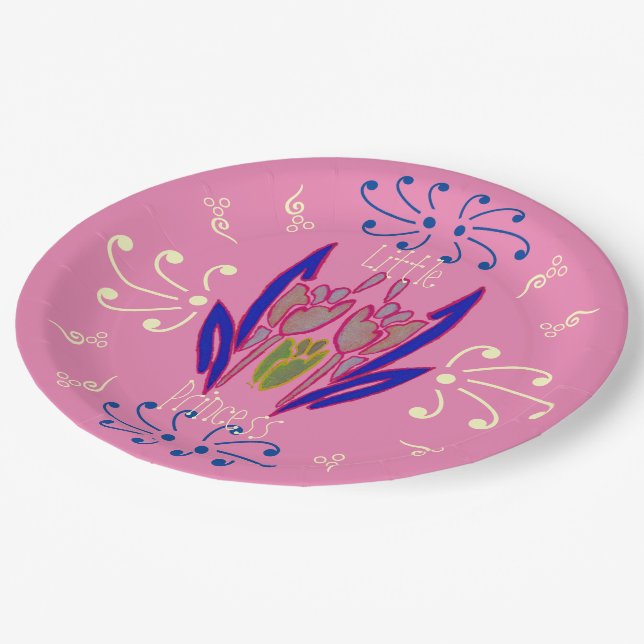 Cute Baby Pink Lovely Flora Text Pattern Design Paper Plate (Angled)