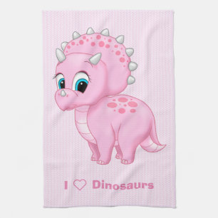 Cute Baby Pink Triceratops Dinosaur Tea Towel