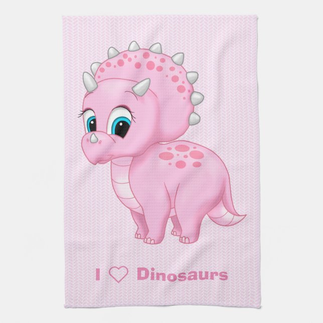 Cute Baby Pink Triceratops Dinosaur Tea Towel (Vertical)
