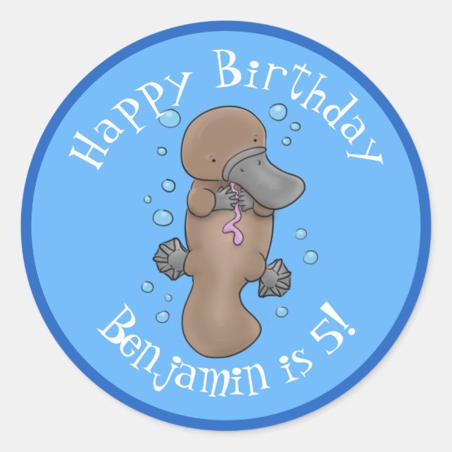 Cute baby platypus personalised cartoon birthday classic round sticker (Front)