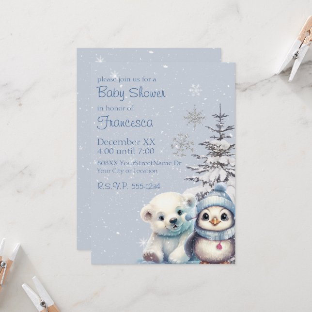Cute Baby Polar Bear and Penguin North Pole Winter Invitation (Front/Back In Situ)
