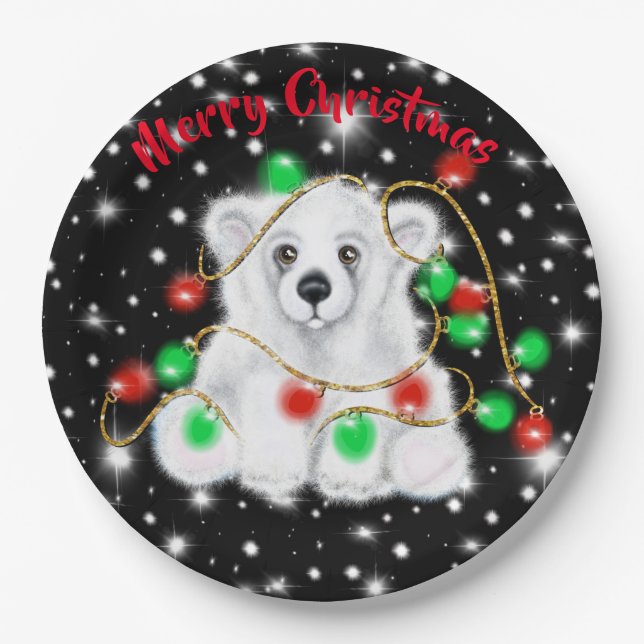 Cute baby polar bear christmas lights starry night paper plate (Front)