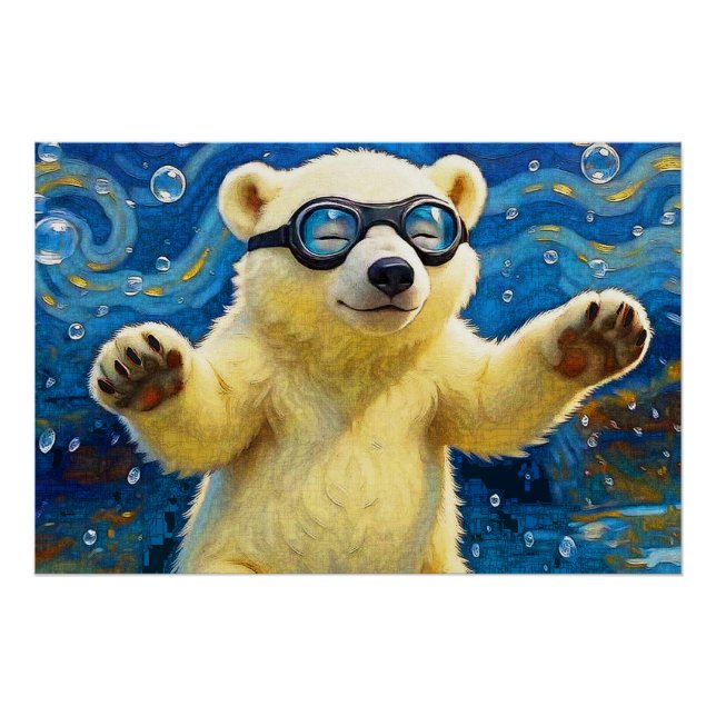 Cute Baby Polar Bear Surrounded By Bubbles Poster (Front)