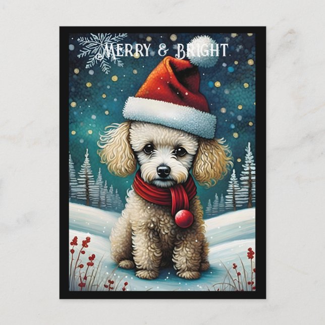 Cute Baby Poodle Snowy Meadow Santa Dog Christmas Postcard (Front)