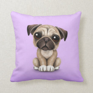 Cute Baby Pug Puppy Dog on Purple Cushion