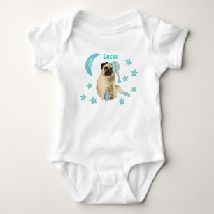 Cute Baby Pug Watercolor Soft Blue Stars Bodysuit