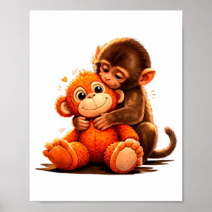 Cute baby punch monkey hugging plush toy poster