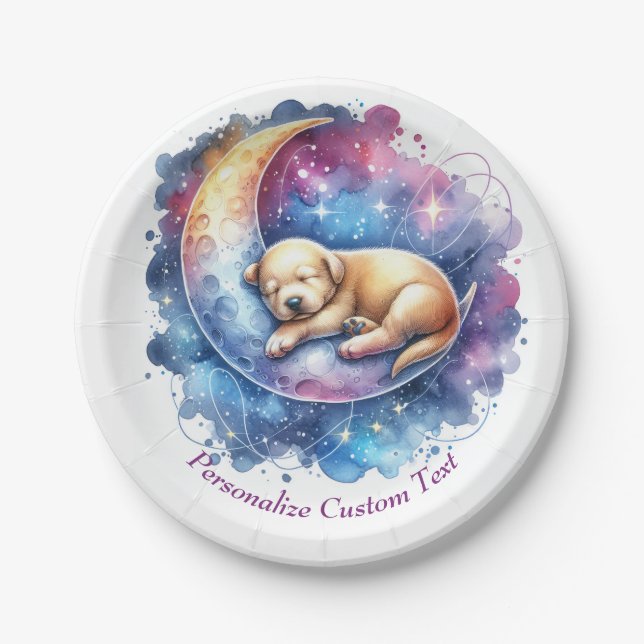Cute Baby Puppy Sleeping on the Moon Paper Plate (Front)