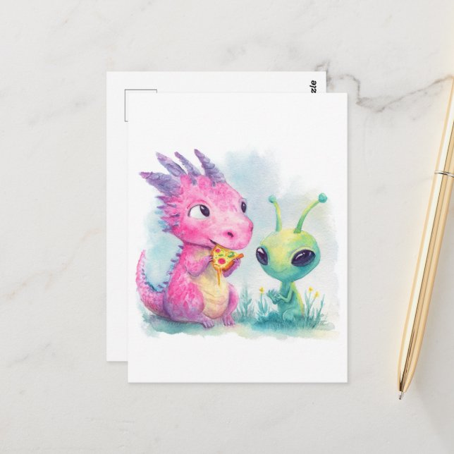 Cute Baby Purple Dragon Eating Pizza With Alien Postcard (Front/Back In Situ)