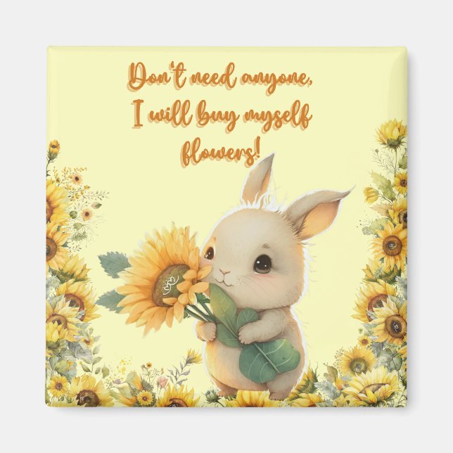 Cute Baby Rabbit Holding Sunflower | Square Magnet (Front)
