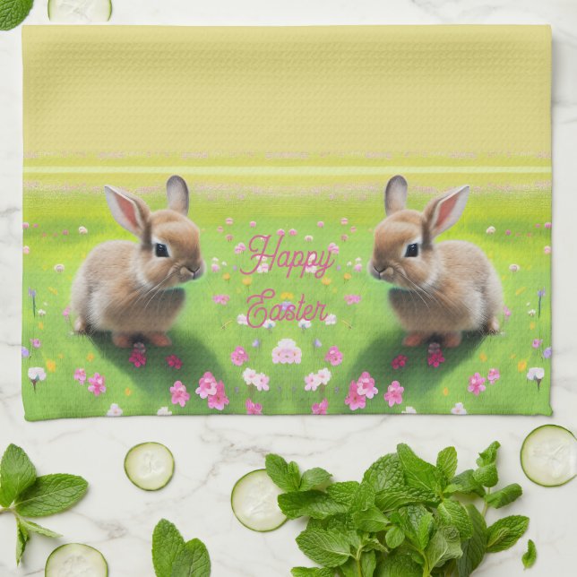Cute baby rabbit in a flower meadow, easter    tea towel (Folded)