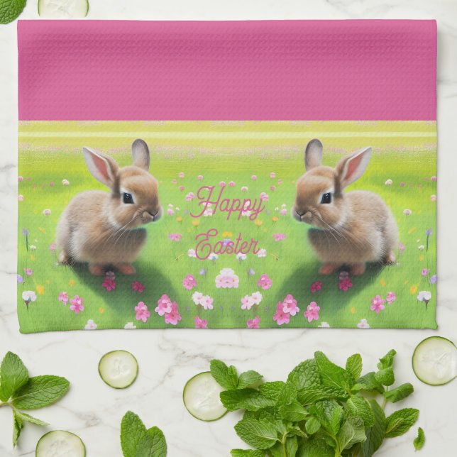 Cute baby rabbit in a flower meadow, easter    tea towel (Folded)
