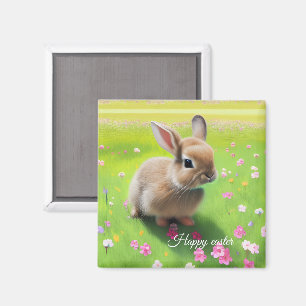 Cute baby rabbit in a flower meadow   magnet