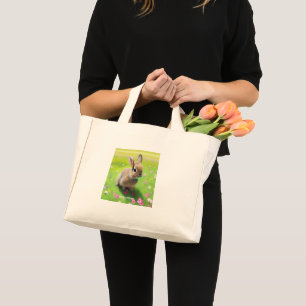 Cute baby rabbit in a flower meadow mini tote bag