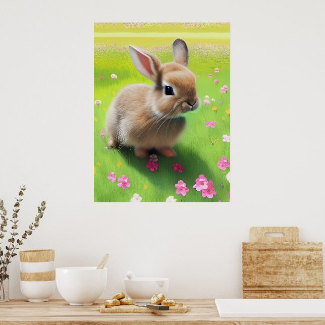 Cute baby rabbit in a flower meadow  poster (Kitchen)