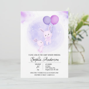 Cute Baby Rabbits with Balloons Girl's Baby Shower Invitation