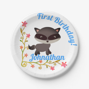 Cute Baby Raccoon with Flowers Paper Plate