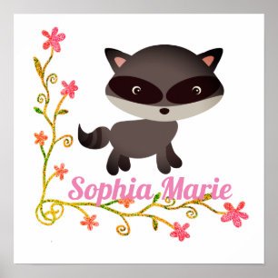 Cute Baby Raccoon with Flowers Poster