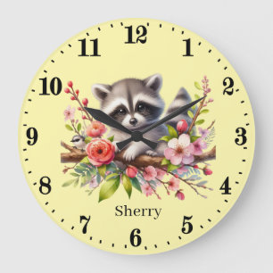 Cute baby racoon add name girls nursery large clock