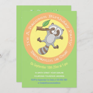 Cute baby racoon cartoon illustration 1 year invitation