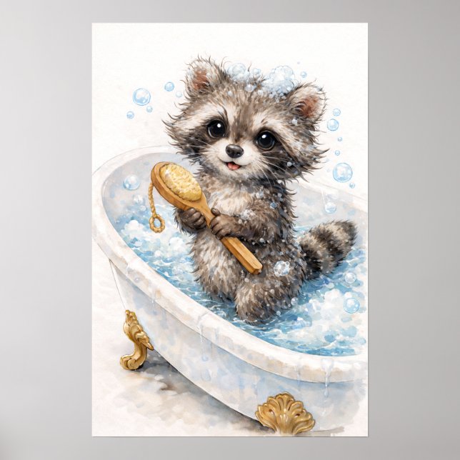 Cute Baby Racoon in Bubble Bath Poster (Front)