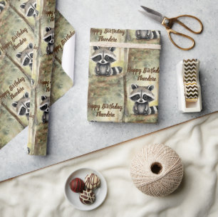 Cute Baby Racoon Personalised Birthday Wrapping Paper