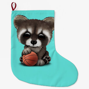 Cute Baby Racoon Playing With Basketball Large Christmas Stocking