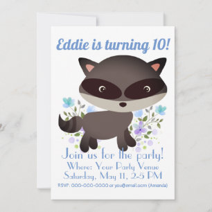 Cute Baby Racoon with Flowers Birthday Invitation