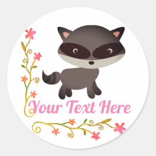 Cute Baby Racoon with Flowers Classic Round Sticker
