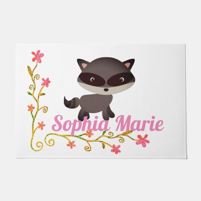 Cute Baby Racoon with Flowers Doormat (Front)