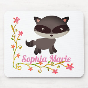 Cute Baby Racoon with Flowers Mouse Mat