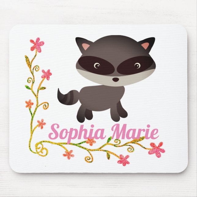 Cute Baby Racoon with Flowers Mouse Mat (Front)