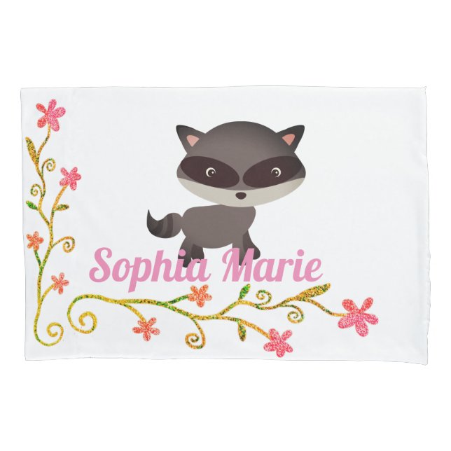 Cute Baby Racoon with Flowers Pillowcase (Front)