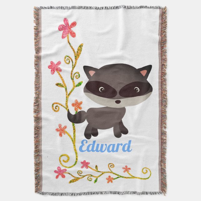 Cute Baby Racoon with Flowers Throw Blanket (Front Vertical)