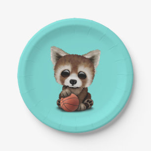 Cute Baby Red Panda Playing With Basketball Paper Plate