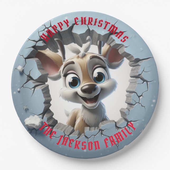 Cute Baby Reindeer 3D Christmas Paper Plate (Front)