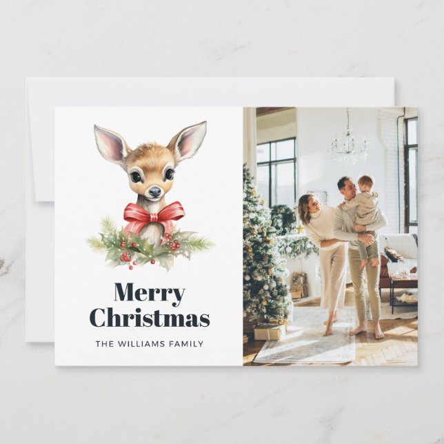 Cute Baby Reindeer Botanical Photo Christmas Card (Front)