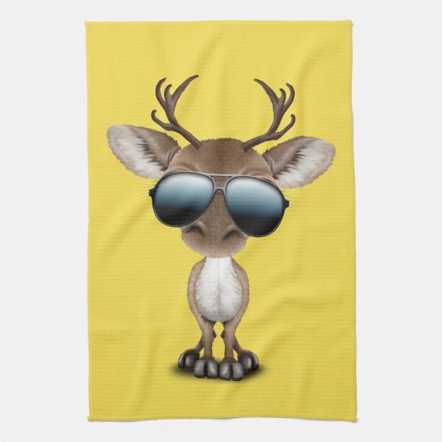 Cute Baby Reindeer Wearing Sunglasses Tea Towel (Vertical)