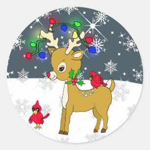 Cute Baby Reindeer with Cardinals and Snow flakes Classic Round Sticker
